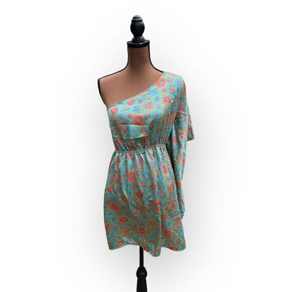 Soprano One Shoulder Floral Multi Color Mini Dress, Silky Boho Draping Women’s M - Picture 10 of 10